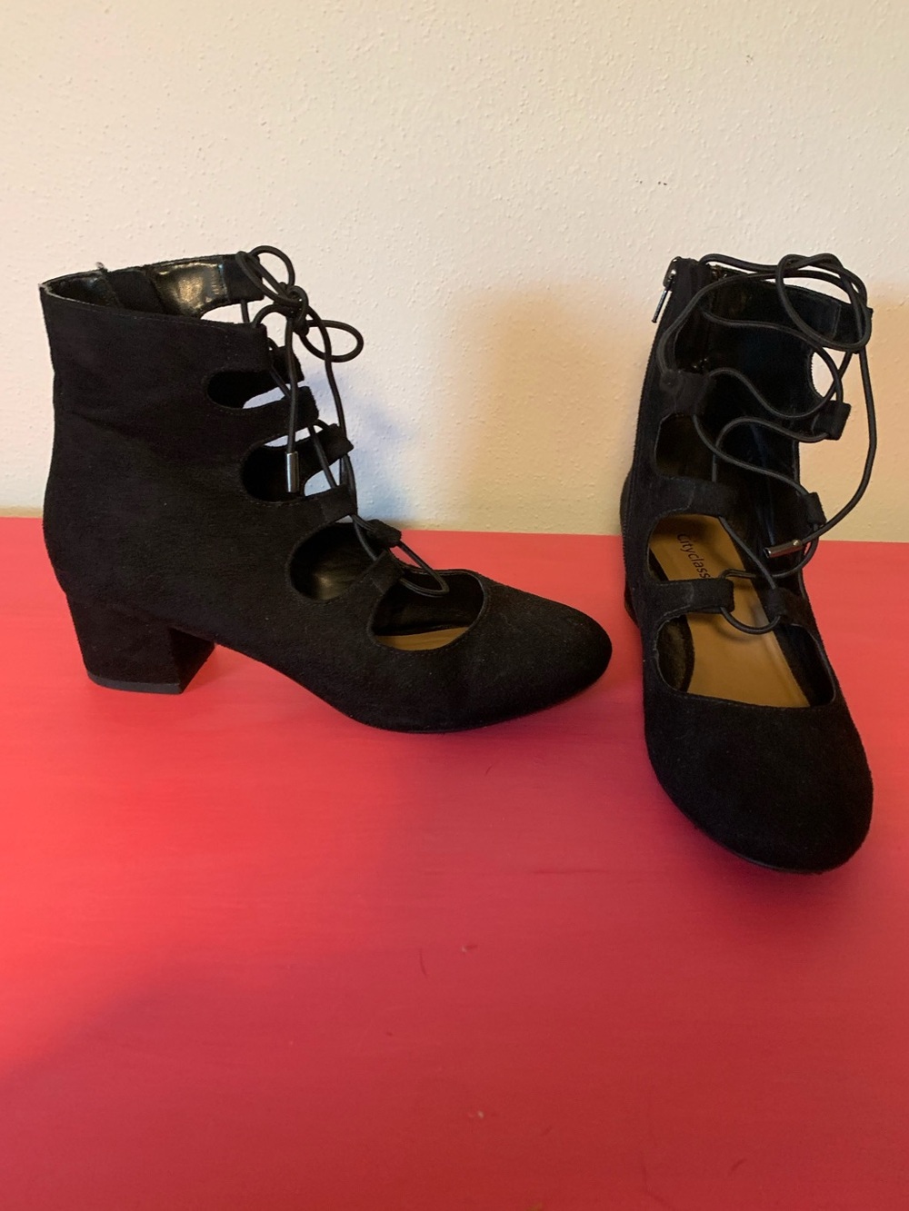 Lace-Up Black Suede Ankle Boots with Block Heel